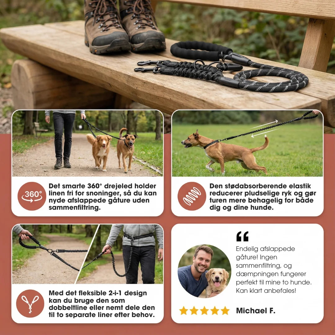 DuoFlex™ – 2-i-1 dobbelt hundeline med 360° drejeled